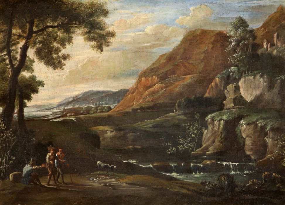 Paesaggio con viandanti e cascata